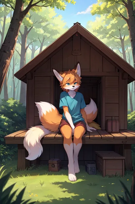 fox boy,8K resolution,high resolution,最high resolution,4K Deep in the Forest,doghouse,One person,Wearing plain clothes,