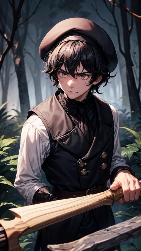 *Black shaggy-haired boy, Beret and black eyes, white skinned and a little angry, a pretty and tender face, black vest, with night forest landscape and an ax in his arms and blood splattered*