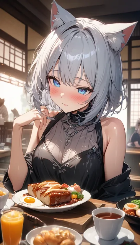 (((best quality)), ((masterpiece)), (details), masterpiece, best quality, high quality, ulutra detailed, perfect face, ((1girl, blue eyes, cat ears: 1.3 silver bob hair: 2.5,)) 、Shiny Hair、Glowing Skin、blush、Lustful look、breakfast、Japanese food、sleepy