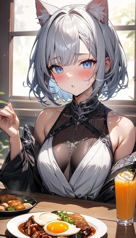 (((best quality)), ((masterpiece)), (details), masterpiece, best quality, high quality, ulutra detailed, perfect face, ((1girl, blue eyes, cat ears: 1.3 silver bob hair: 2.5,)) 、Shiny Hair、Glowing Skin、blush、Lustful look、breakfast、Japanese food、sleepy