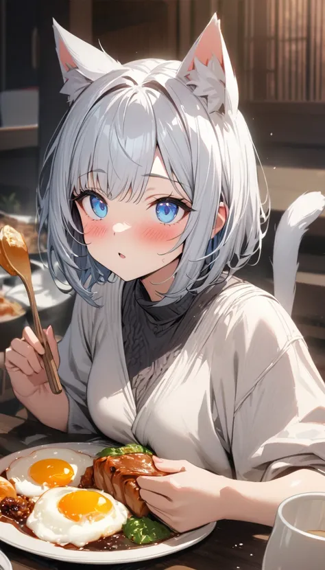 (((best quality)), ((masterpiece)), (details), masterpiece, best quality, high quality, ulutra detailed, perfect face, ((1girl, blue eyes, cat ears: 1.3 silver bob hair: 2.5,)) 、Shiny Hair、Glowing Skin、blush、Lustful look、breakfast、Japanese food、sleepy