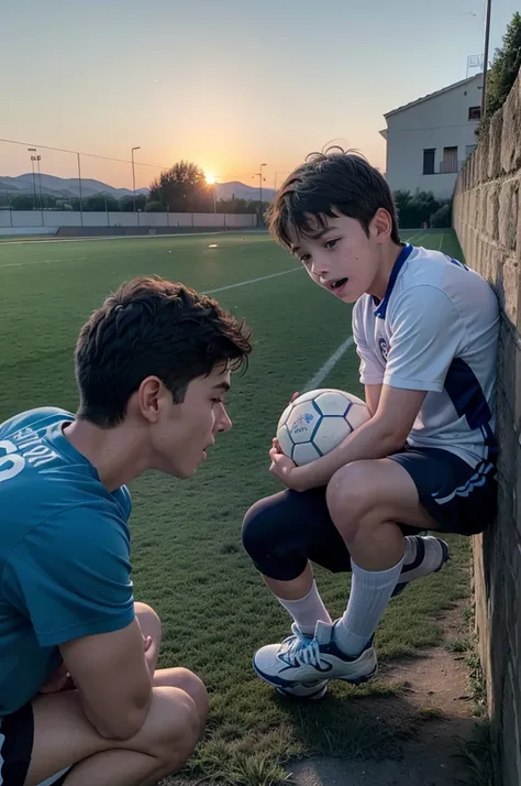 Childhood Scene in Frias, spain: Create an image of a rural Spanish town, with children playing outdoors or a local football field.

Dedication Training Scene: Draw a scene of Frank kicking a ball against a wall at sunset, demonstrating your tireless dedic...