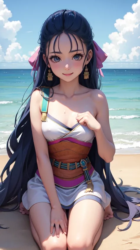 Nera、Hair Ribbon、Earrings、chest、Sash、（Highest quality、masterpiece、RAW Photos、Super detailed:1.2）、1 girl、小さなchest, Sitting, Kneeling, Upper Body, Turn your body forward, hot, Sweating a lot, Wipe away sweat, looking at the camera, Ocean, beach, Beach, fist,...