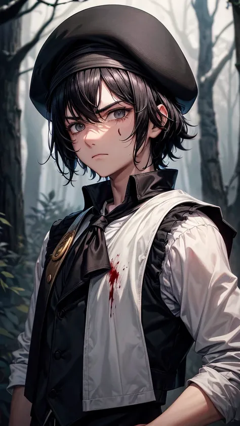 *Black shaggy-haired boy, Beret and black eyes, white skinned and a little angry, a pretty and tender face, black vest, with forest landscape at night and has blood all over his face and body*