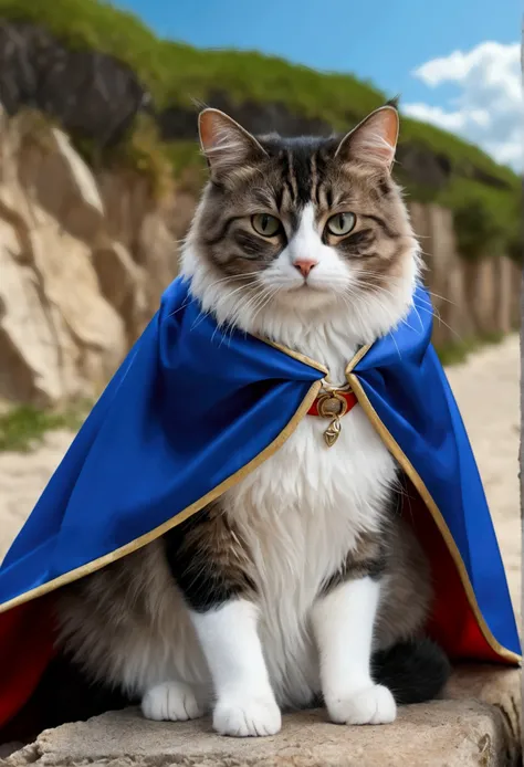 (best quality, 4K , 8k , A high resolution written "OCKSYI" on the cape),ultra detail, fantasy background, (Realistic,photorrealistic,photo-realistic:1.37), cat, wearing cape, written "OCKSYI" in the cape, (OCKSYI on cape) detailed written