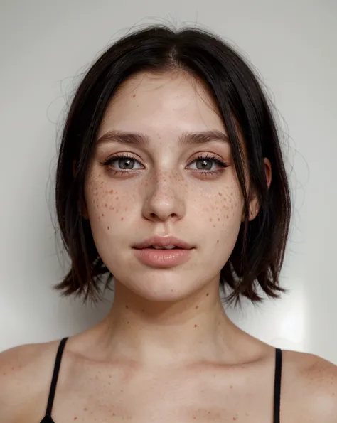 White girl, with straight black hair, eyes browns, pink mouth and freckles on the cheek 