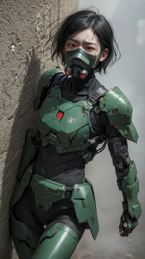 , Advanced Details, high quality, 最high quality, High resolution, 1080P 、Bleeding from the wound、Sexy Eyes、Wearing green and black、cute((The whole body is sweating))(Equipped with a damaged battle suit....)(Dark green armor)(Broken Armor)Black Hair、Chiquit...