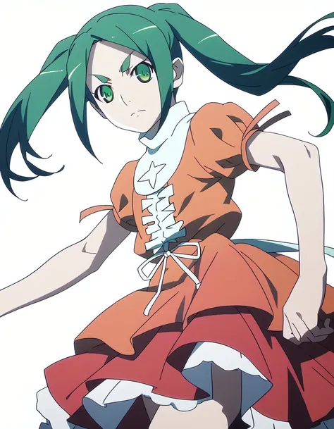 score_9, score_8_up, score_7_up, source_anime, Yotsugiononoki,1girl,green hair,twintails,green eyes,
orange has,dress,bakemonogatari style,