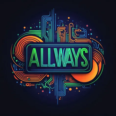 Create a futuristic design for the phrase: Always Innovate, in a modern font and neon color scheme. Add a drawing of electronic circuits or abstract shapes around the phrase.""2D art, vector; shading and gradients, Art Nouveau, vibrant colors and synthwave...