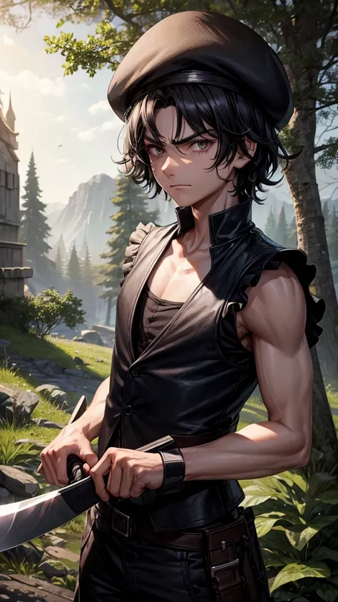 *Black shaggy-haired boy, Beret and black eyes, white skinned and a little angry, a pretty and tender face, black vest, with forest landscape at night and a machete in his arms*