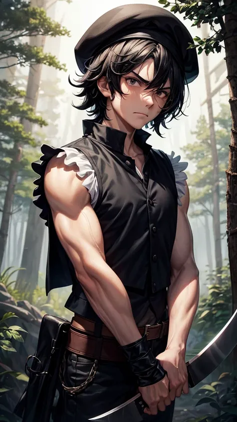 *Black shaggy-haired boy, Beret and black eyes, white skinned and a little angry, a pretty and tender face, black vest, with forest landscape at night and a machete in his arms*