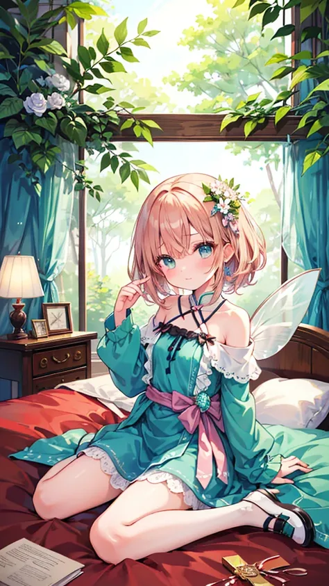 (masterpiece, best quality:1.3), 1 girl, 独奏, teenager,(top quality eyes:1.3),18 year old girl、bed、My Room、Normal size breasts、wariza、Pastel color fairy style。The mint green tunic dress is made of light chiffon material.、Lace detailing on sleeves and hem。Th...