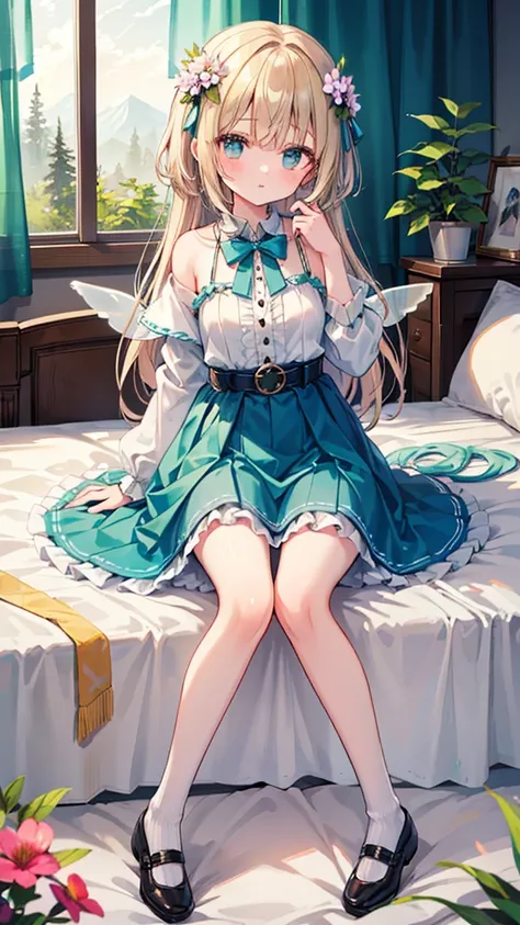 (masterpiece, best quality:1.3), 1 girl, 独奏, teenager,(top quality eyes:1.3),18 year old girl、bed、My Room、Normal size breasts、wariza、Pastel color fairy style。The mint green tunic dress is made of light chiffon material.、Lace detailing on sleeves and hem。Th...