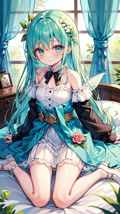 (masterpiece, best quality:1.3), 1 girl, 独奏, teenager,(top quality eyes:1.3),18 year old girl、bed、My Room、Normal size breasts、wariza、Pastel color fairy style。The mint green tunic dress is made of light chiffon material.、Lace detailing on sleeves and hem。Th...