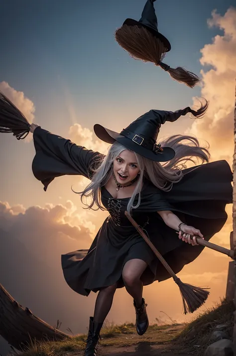 Old witch flying a broom 