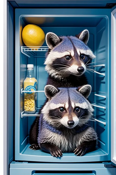 A stuffed blue raccoon inside a refrigerator 