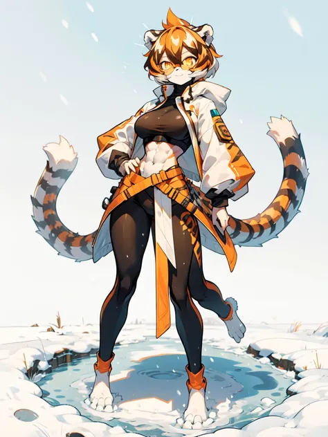 white background, full body,1girl，solo, Standing, animal ears, white hair, black hair, short hair, large breasts, Abdominal muscles,, tail, orange eyes, orange hair, multicolored hair, tiger girl, hair between eyes, tiger_ears, tiger_tail, orange-tinted_ey...