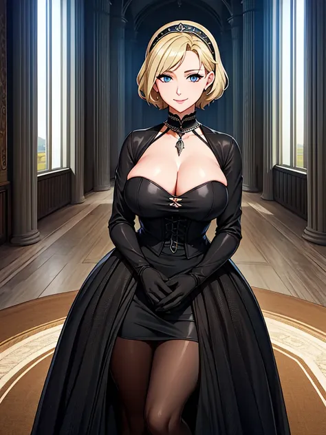 A woman wearing a black dress with silver details on the dress, short blonde hair, blue eyes, in a tower of a sophisticated medieval castle, open tower overlooking a large open field and a sea in the distance, smiling, big breasts,, HDR , ultra resolution,...