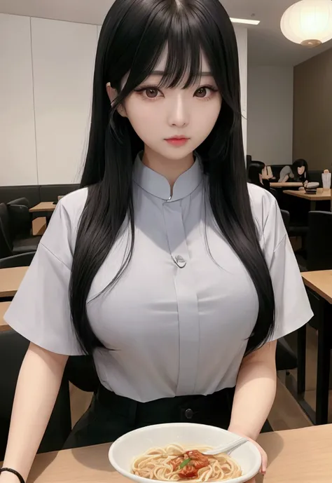 25 year old Asian woman, medium to large breasts and big ass, with long black hair and gray shirt, Ulzzang, Korean, She has black hair with bangs, Beautiful South Korean woman, Beautiful 25 year old Korean woman, Asian, Beautiful Asian , adorable and pale ...