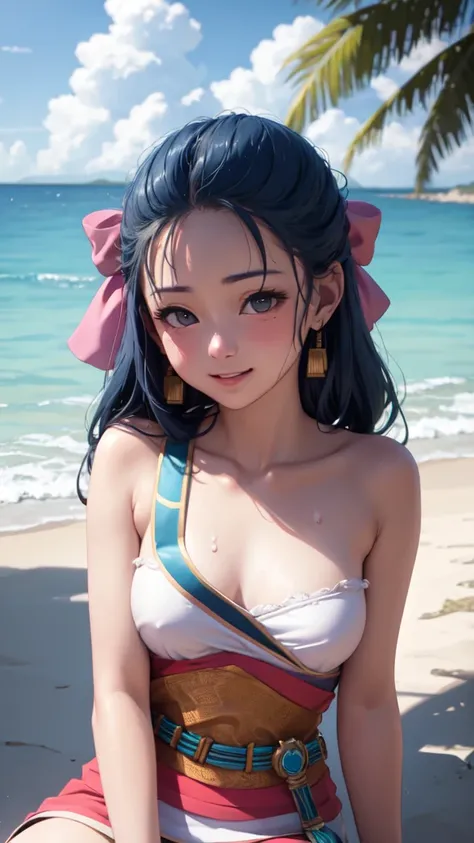 Nera、Hair Ribbon、Earrings、chest、Sash、（Highest quality、masterpiece、RAW Photos、Super detailed:1.2）、1 girl、小さなchest, Sitting, Upper Body, Turn your body forward, hot, Sweating a lot, Wipe away sweat, looking at the camera, Ocean, beach, Beach, fist, smile, Wi...