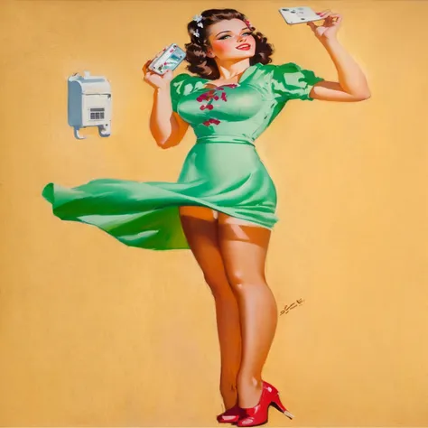 A painting，The painting shows a woman in a green dress holding a mobile phone, pin up poster girl, pin up, pin up, gil elvgren style, pin up girl, pin up girl, pin up, Enoch Polis, pin up, pin up girl, Inspired by Art Frahm, girl pin up, pin up art, Inspir...