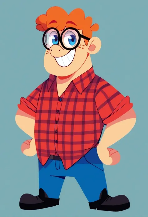 jonathan, solo, smile, orange hair, shirt, 1boy, standing, full body, male focus, buck teeth, collared shirt, pants, grin, red shirt, blue pants, big red plaid shirt six red freckles, black glasses with circular lenses, blue eyes, orange flat top, black sh...