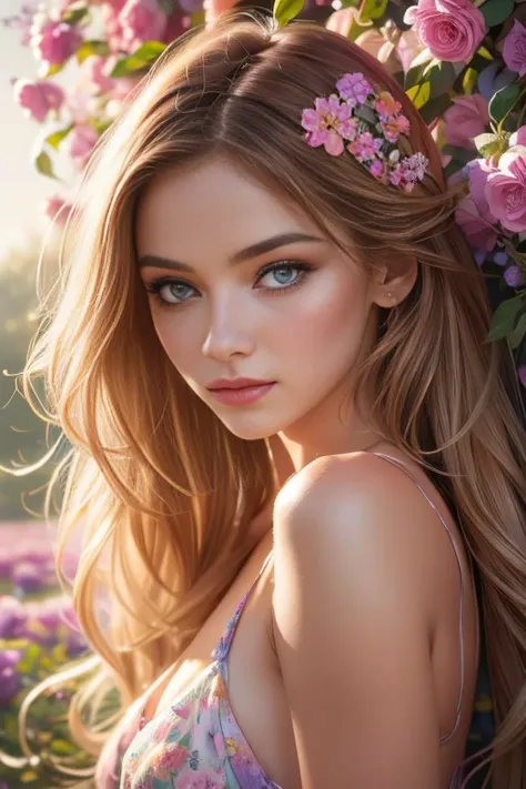 A whimsical girl with long flowing flower hair,dancing in a vibrant colorful field,dreamy watercolor painting,beautiful detailed eyes,beautiful detailed lips,extremely detailed face and portrait,intricate floral hairstyle,magical realism,natural lighting,p...