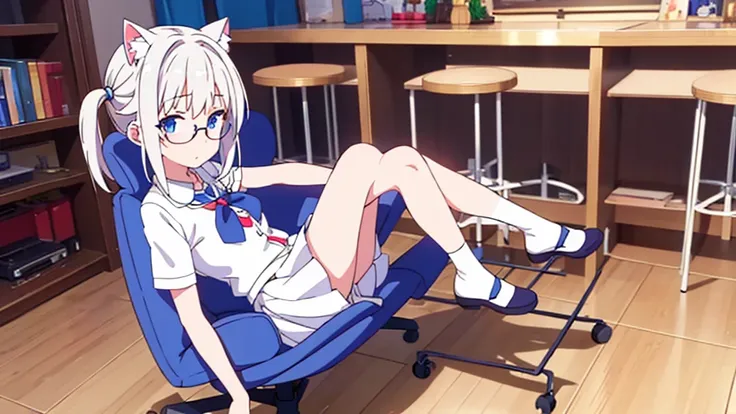 Vtuber adorable cute beautiful cat ears white hair short skirt dress blue eyes stockings on legs glasses in the room with a console controller in her hand gamer brooch on her head full body 