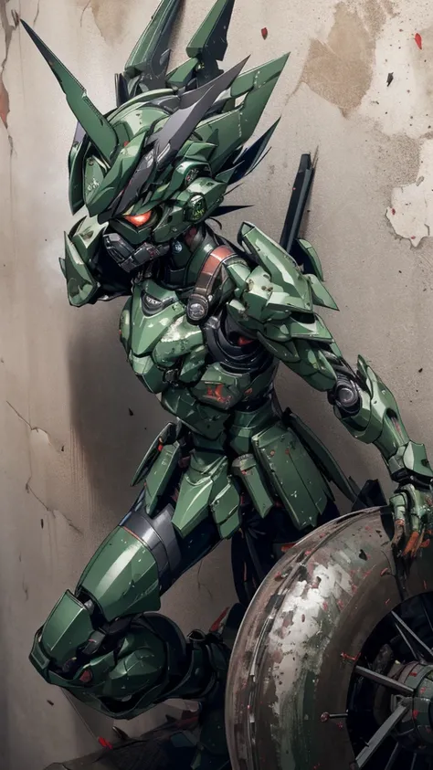 , Advanced Details, high quality, 最high quality, High resolution, 1080P 、Bleeding from the wound、Sexy Eyes、Wearing green and black、cute((The whole body is sweating))(Equipped with a damaged battle suit....)(Dark green armor)(Broken Armor)Black Hair、Chiquit...