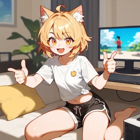 source_anime, score_9, score_8_up, BREAK a 1girl using a computer, cat ears, shirt, shorts, living room, thumbs up, smile open mouth