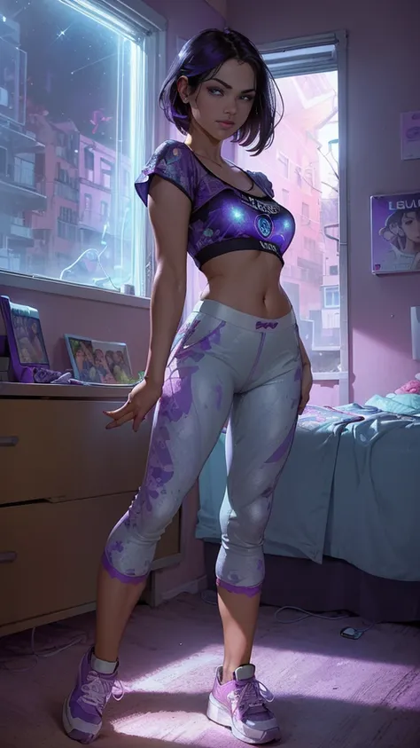 (La mejor calidad,A high resolution,Ultra - detallado,actual),Selena Gómez beautiful 16 year old girl with an angelic face ,light eyes he dresses with ,(printed pants:1.4) ,( crop top blouse:1.4) , (neon sneakers:1.4)  . (She is in her room  on bedroom win...