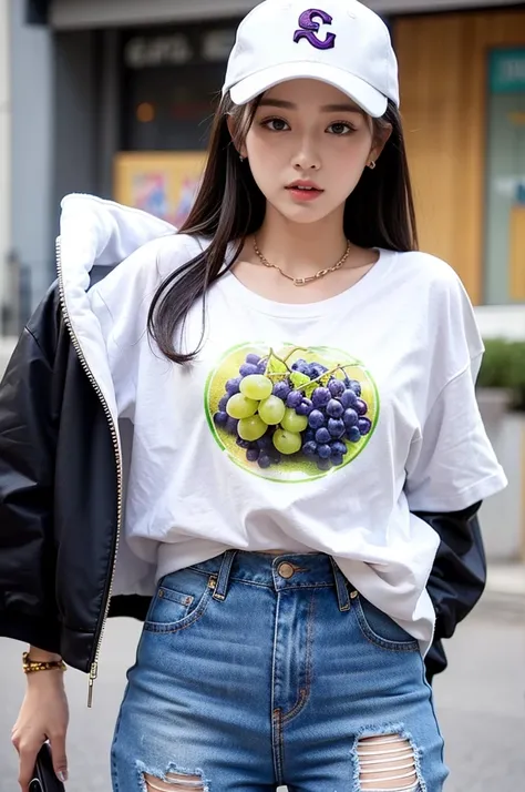 Street style outfit：
Jacket：A loose white T-shirt，Graffiti with grapes on the chest。
Bottoms：A pair of ripped jeans，Wear a grape pattern waist chain around your waist。
Accessories：A pair of white sneakers，Wearing a baseball cap，Grape decoration on the brim...