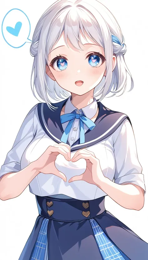 16k,score_9, score_8_up, score_7_up, source_anime, rating_safe,super detailed , katsuragi lilja,blue eyes,white hair,short hair,braid,,sailor collar,neck ribbon, white shirt,layered skirt,high-waist skirt, (heart eyes),(heart in eyes), heart hands,spoken h...