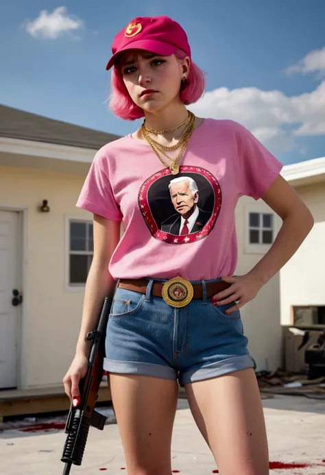 (a 20 year old femboy, short haircut, communist necklace, Joe Biden TShirt, pink panties showing over low rider pants, Sniper rifle) has been shot dead on a white roof, multiple bloody gunshots, blood pools around