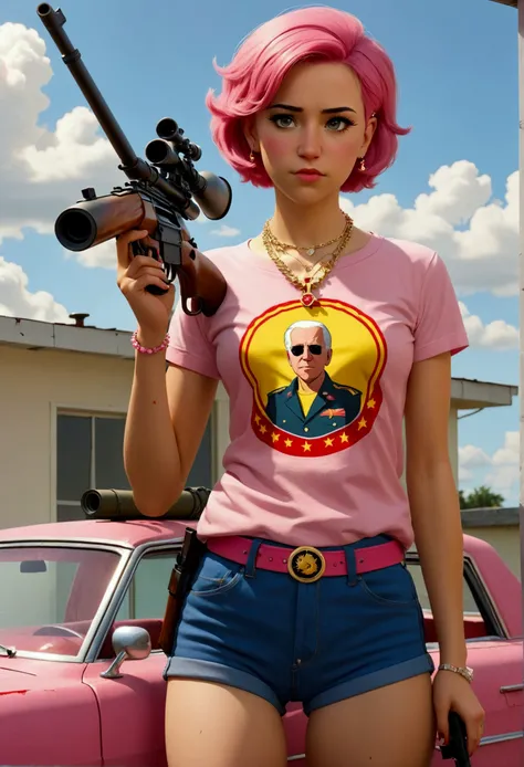 (a 20 year old femboy, short haircut, communist necklace, Joe Biden TShirt, pink panties showing over low rider pants, Sniper rifle) has been shot dead on a white roof, multiple bloody gunshots, blood pools around
