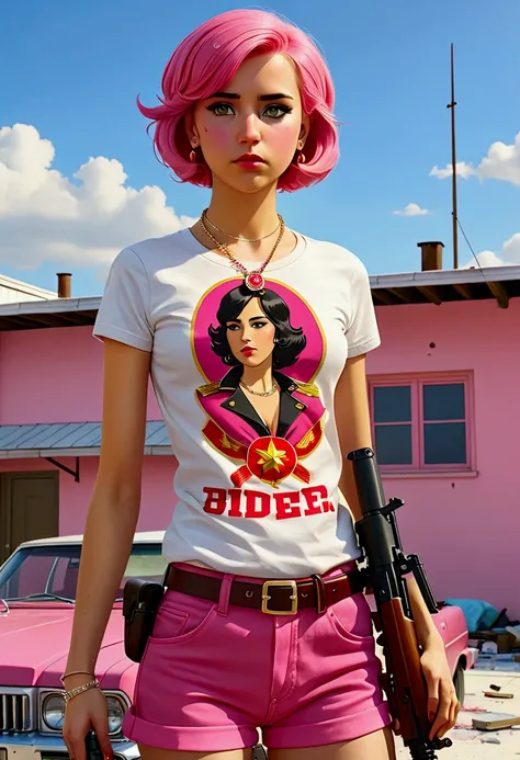 (a 20 year old femboy, short haircut, communist necklace, Joe Biden TShirt, pink panties showing over low rider pants, Sniper rifle) has been shot dead on a white roof, multiple bloody gunshots, blood pools around
