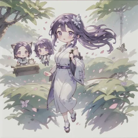 best quality, Cute light-skinned baby chibi anime, Long purple hair，Shouhui,cute,Purple Eyes, Butterfly hair accessory on the right，White Hanfu，full body,((独奏)),Long skirt，big breast,Bare legs，White background,Falling petals，My Neighbor Totoro，My Neighbor ...