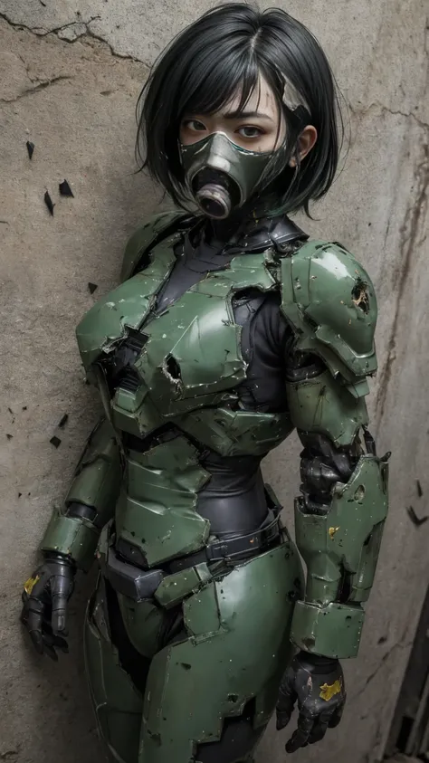 , Advanced Details, high quality, 最high quality, High resolution, 1080P 、Bleeding from the wound、Sexy Eyes、Wearing green and black、cute((The whole body is sweating))(Equipped with a damaged battle suit....)(Dark green armor)(Broken Armor)Black Hair、((Middl...