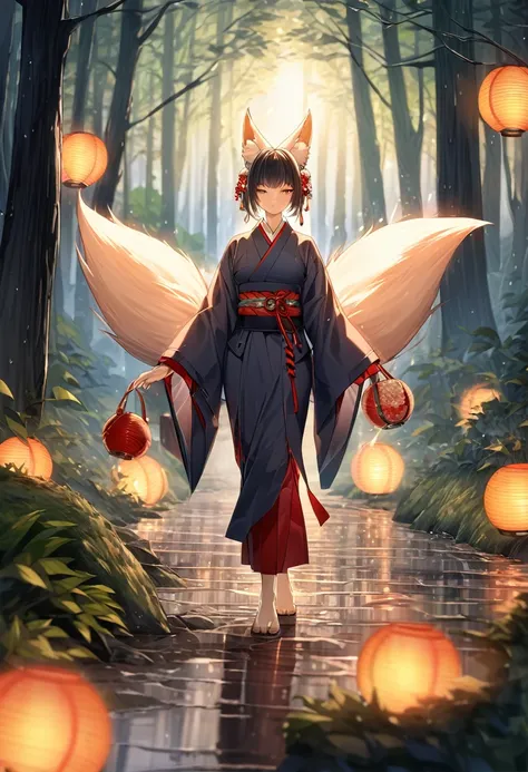 Masterpiece, Extremely detailed, Photo, A beautiful kitsune woman walking in a rainy forest holding a ball of light, fox ears, nine fox tails, traditional Japanese clothing. 