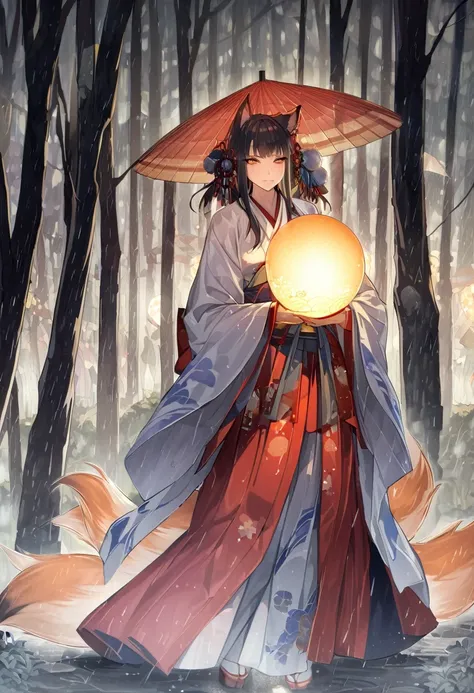 Masterpiece, Extremely detailed, Photo, A beautiful kitsune woman walking in a rainy forest holding a ball of light, fox ears, nine fox tails, traditional Japanese clothing. 