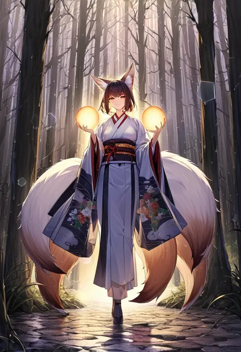 Masterpiece, Extremely detailed, Photo, A beautiful kitsune woman walking in a rainy forest holding a ball of light, fox ears, nine fox tails, traditional Japanese clothing. 