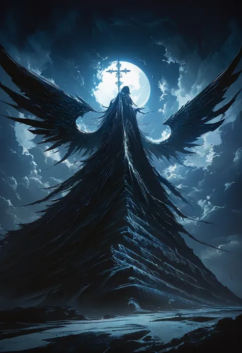 (masterpiece, best quality: 1.2), Underground Angel, Folding wings, Holding a blue silver cross, moonlight, partly cloudy, Dark fantasy illustration style, Dark Arts, High contrast, Dark Shadows, Atmospheric perspective , Melancholic colors, work, Volumetr...