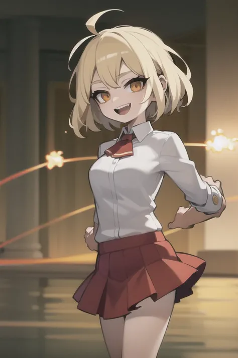 ((masterpiece, best quality)), (1girl), (solo), (female focus), (ahoge, blonde hair, short hair), fire eyes, light smile, open mouth, ((torn  skirt), (( red skirt)), standing, water background, arms behind back, dynamic angle