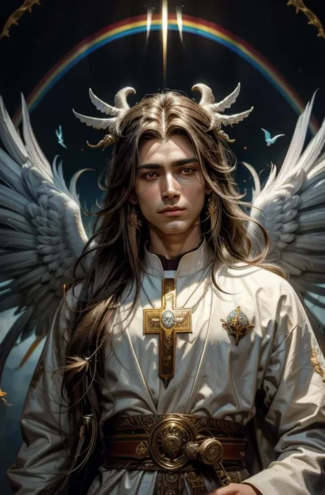 On his chest is a painting of a bird with a rainbow feathered tail encircling it like religious iconography. He has brown long-haired is handsome Symmetrical featured Male Priest with a knack for painting, and spreading love and peace. Brown long-haired ha...