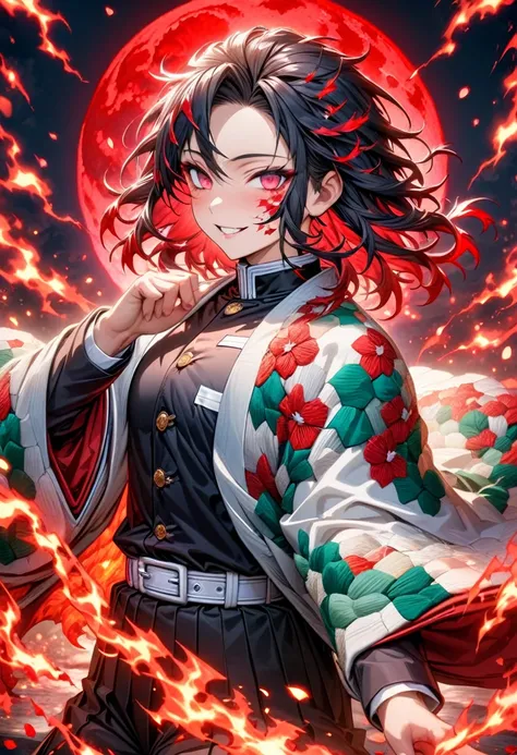 Ultra detailed, highres, absurdres, HDR, master piece, demon slayer, black medium length hair, expressive red eyes, white haori with patters of flames, black demon slayer uniform, Kimetsu No Yaiba, fantasy, petals, red flowers, handsome, sexy man, solo, ma...