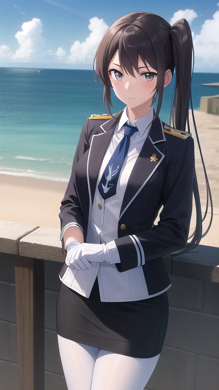 ((masterpiece)),(best quality),official art,extremely detailed CG,unity 8k wallpaper,ultra detailed,A lighthouse on a cliff by the sea,1girl,solo,cowboy shot,nachi (kantai collection),black belt,collar,black hair,black neckwear,black skirt,purple jacket,br...