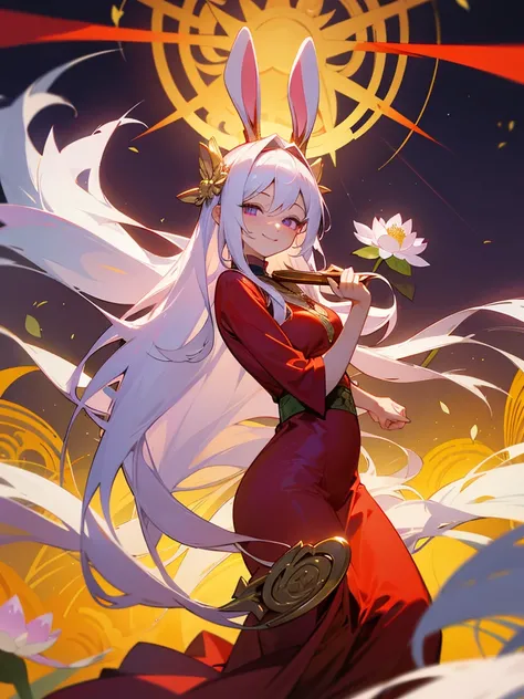 Buddha, rabbit ears, long white hair, Red Dress, portable shrine, festival, Angel Halo, lotus flower field, purple eyes, smile, swallow, lotus bouquet, gold screen, paradise, Kitty

