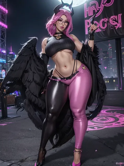 (Masterpiece, Best Quality:1.2), 1 girl, Alone, city background, Hoar (fortnite), Harpy Haze de fortnite, 1 girl, earrings, glasses, has, jewelry, lips, wide, looking at the viewer, make up, esmalte de nails, pink eyes, pink hair, nails rosas, SMILE, sungl...