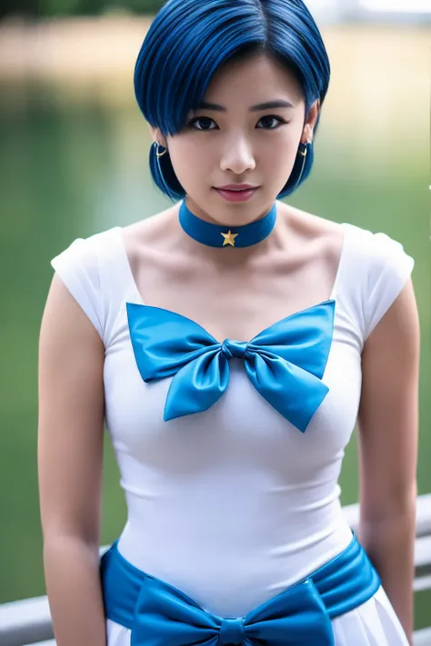 Full Body Shot,Ami Mizuno, (sailor mercury, neck ribbon, blue hair, short hair, circlet, jewelry, crescent earrings),Sailor Mercury. beautiful, whole body,water star,looking at the camera
