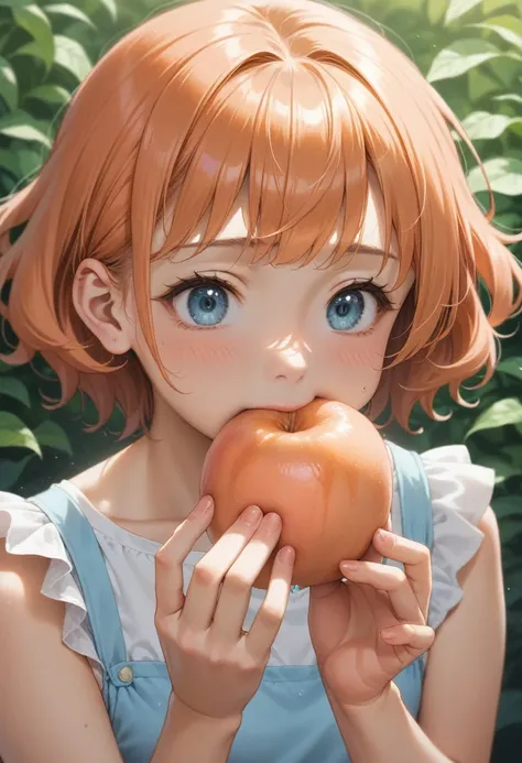 anime character holding an orange in front of her face, she is eating a peach, sayori, some orange and blue, a human-like juicy ...